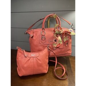 Coach ASHLEY Set LOT Geranium Pink Coral Leather Satchel Handbag crossbody 2!